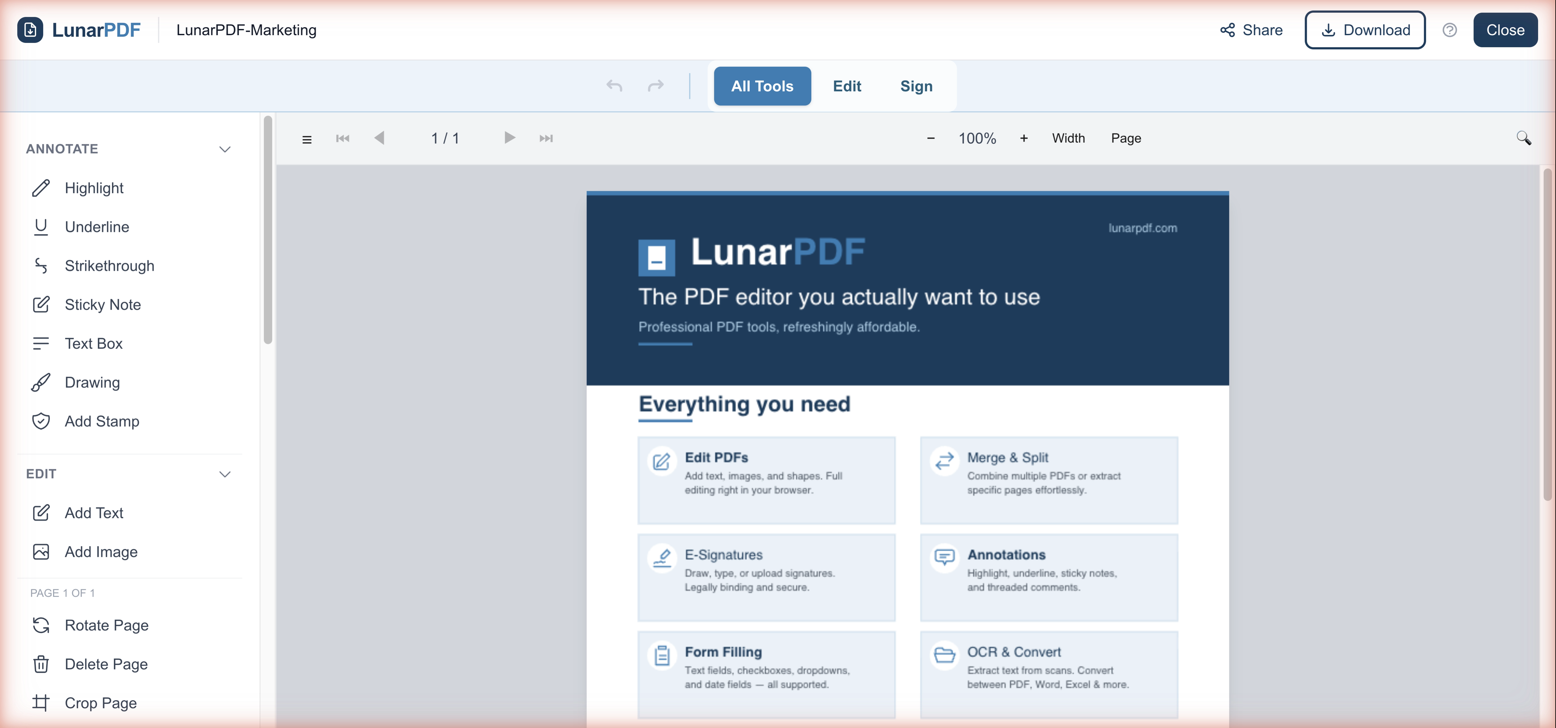 LunarPDF Editor — professional PDF editing tools with annotations, signatures, merge, split, and more